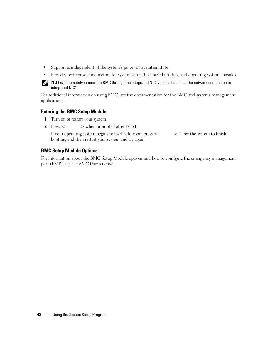 Entering the bmc setup module, Bmc setup module options | Dell PowerEdge 6950 User Manual | Page 42 / 166