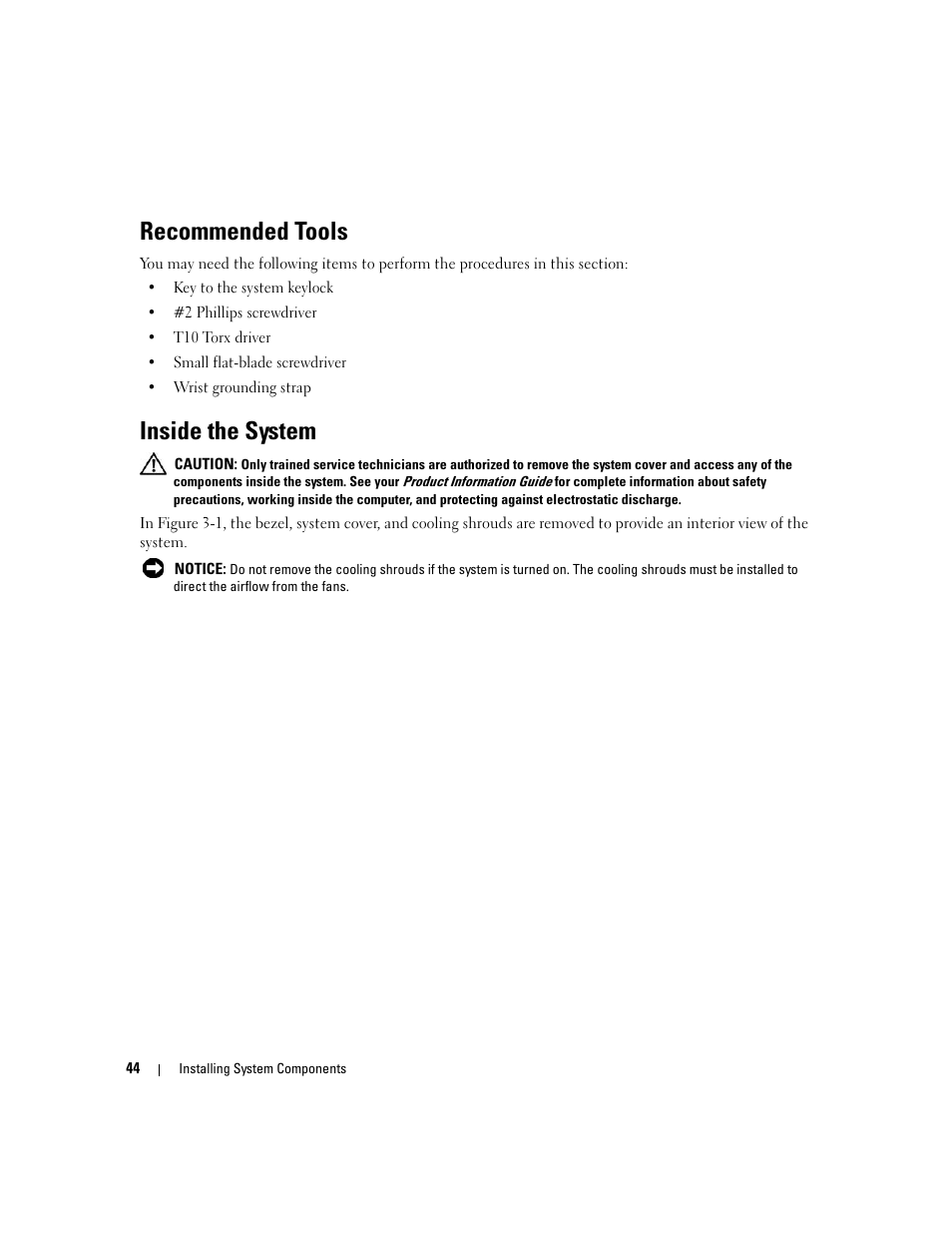 Recommended tools, Inside the system | Dell PowerEdge 6950 User Manual | Page 44 / 166