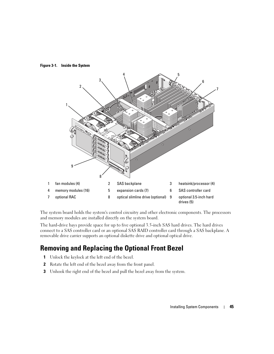 Removing and replacing the optional front bezel | Dell PowerEdge 6950 User Manual | Page 45 / 166