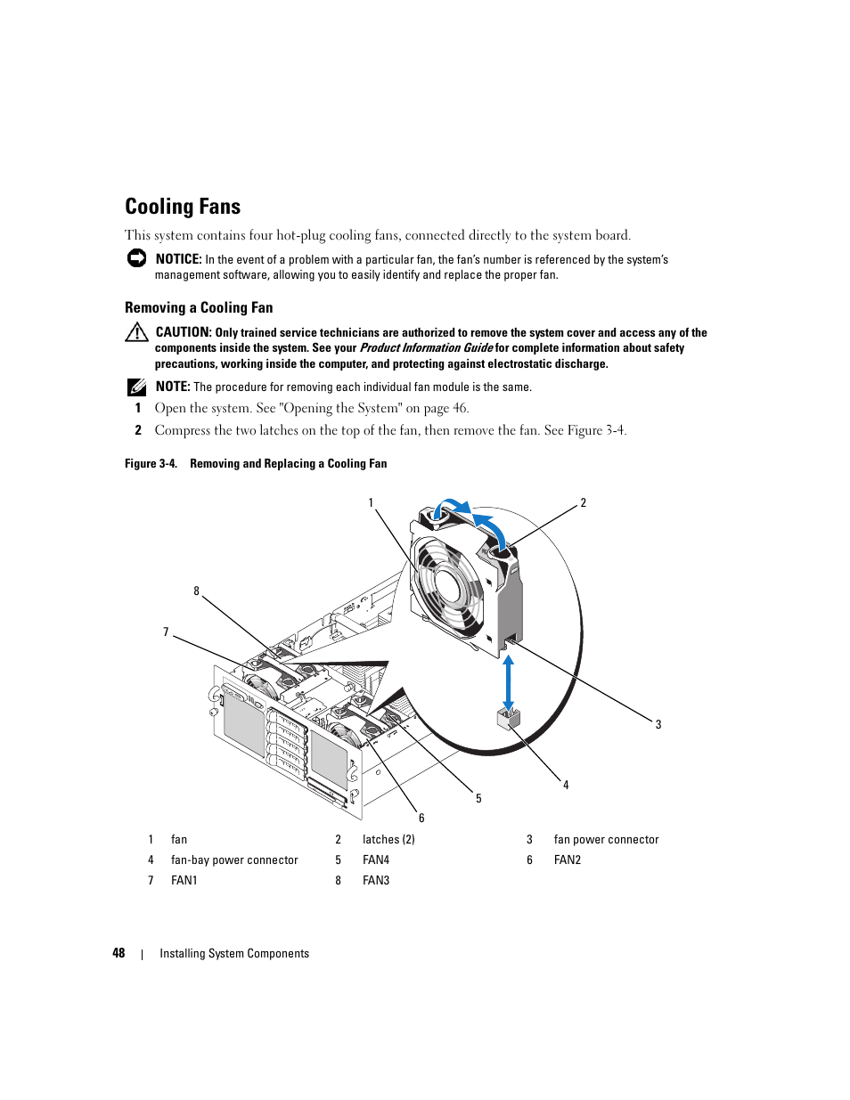 Cooling fans, Removing a cooling fan | Dell PowerEdge 6950 User Manual | Page 48 / 166