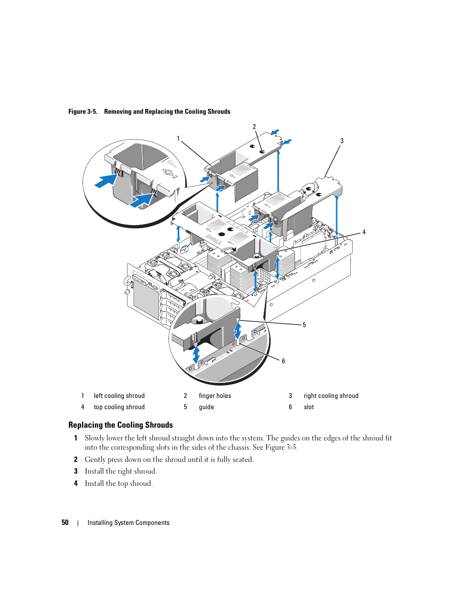 Replacing the cooling shrouds | Dell PowerEdge 6950 User Manual | Page 50 / 166