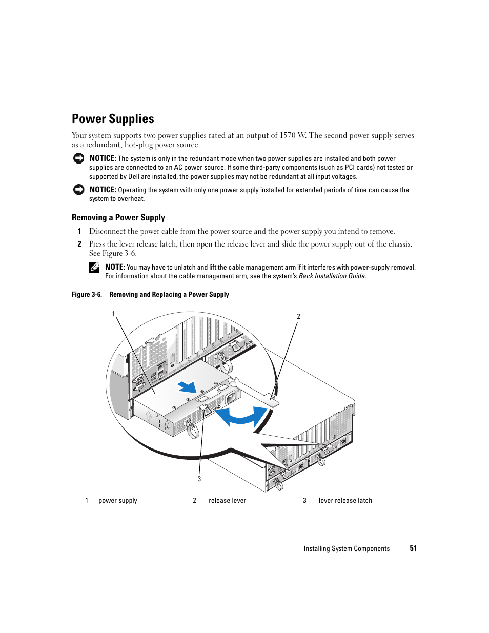 Power supplies, Removing a power supply | Dell PowerEdge 6950 User Manual | Page 51 / 166