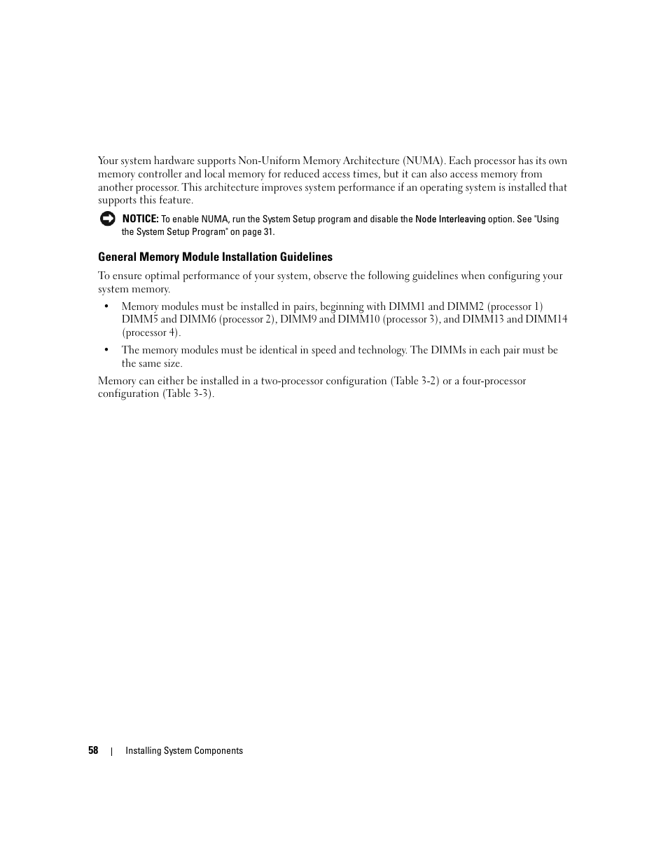 General memory module installation guidelines | Dell PowerEdge 6950 User Manual | Page 58 / 166