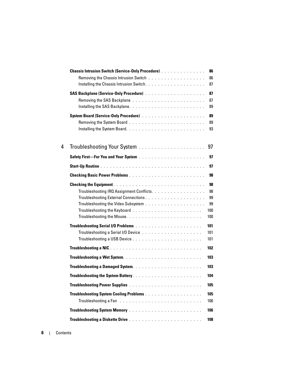 4troubleshooting your system | Dell PowerEdge 6950 User Manual | Page 6 / 166