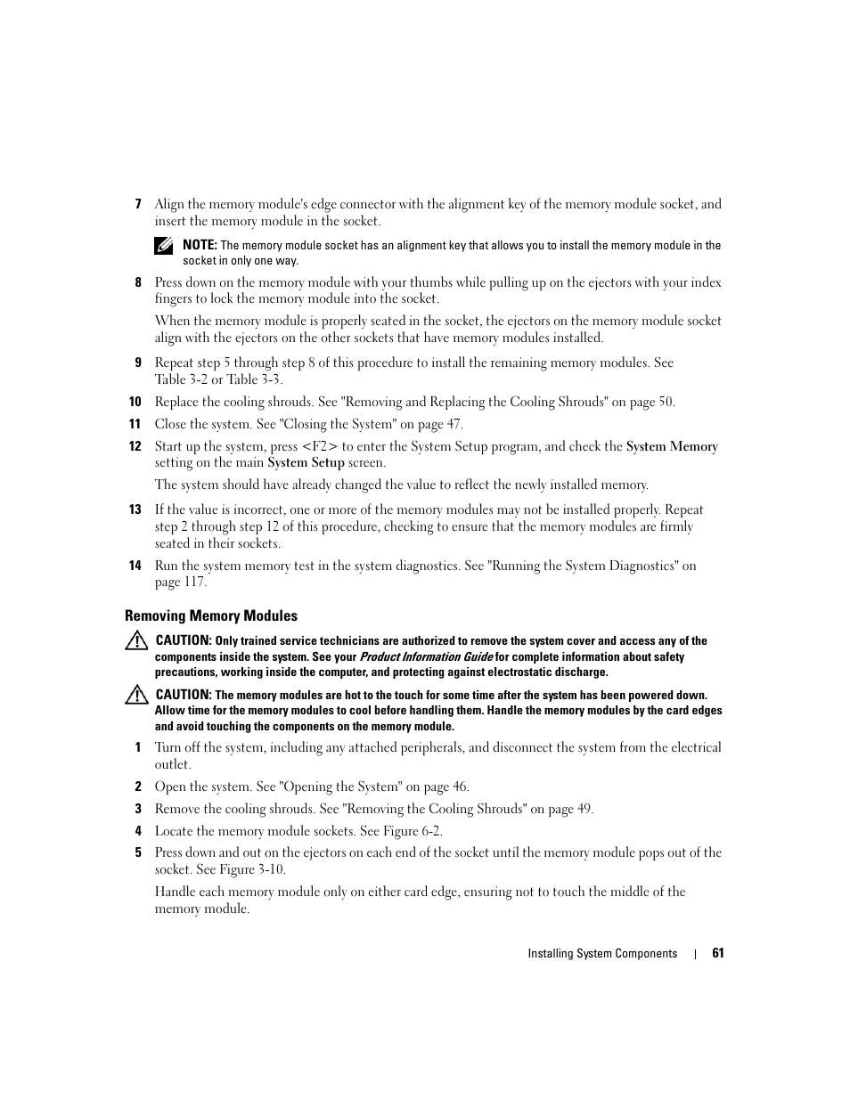 Removing memory modules | Dell PowerEdge 6950 User Manual | Page 61 / 166