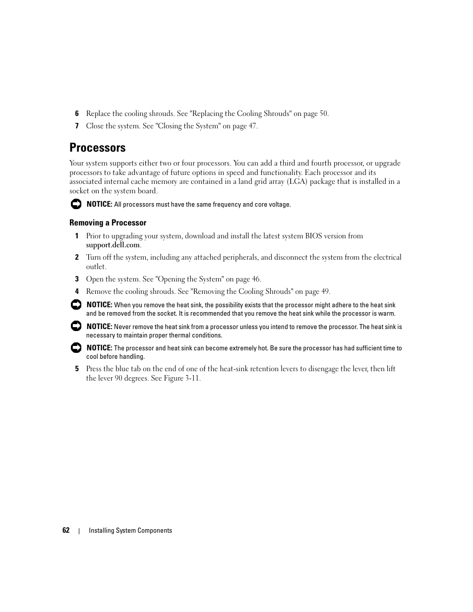 Processors, Removing a processor | Dell PowerEdge 6950 User Manual | Page 62 / 166