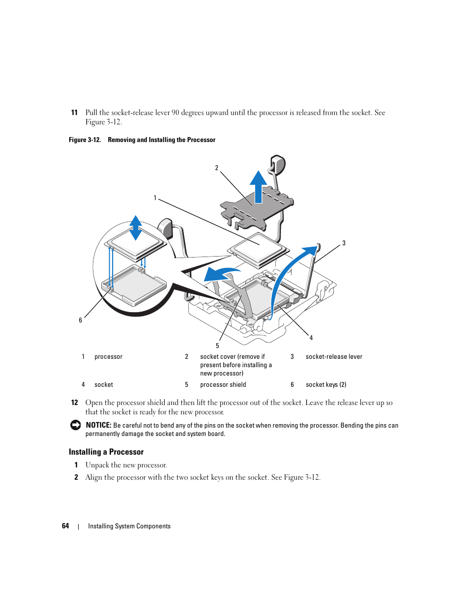Installing a processor | Dell PowerEdge 6950 User Manual | Page 64 / 166