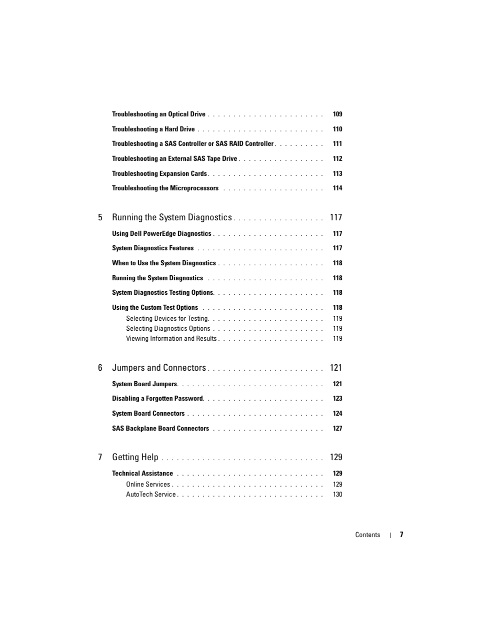 5running the system diagnostics, 6jumpers and connectors, 7getting help | Dell PowerEdge 6950 User Manual | Page 7 / 166