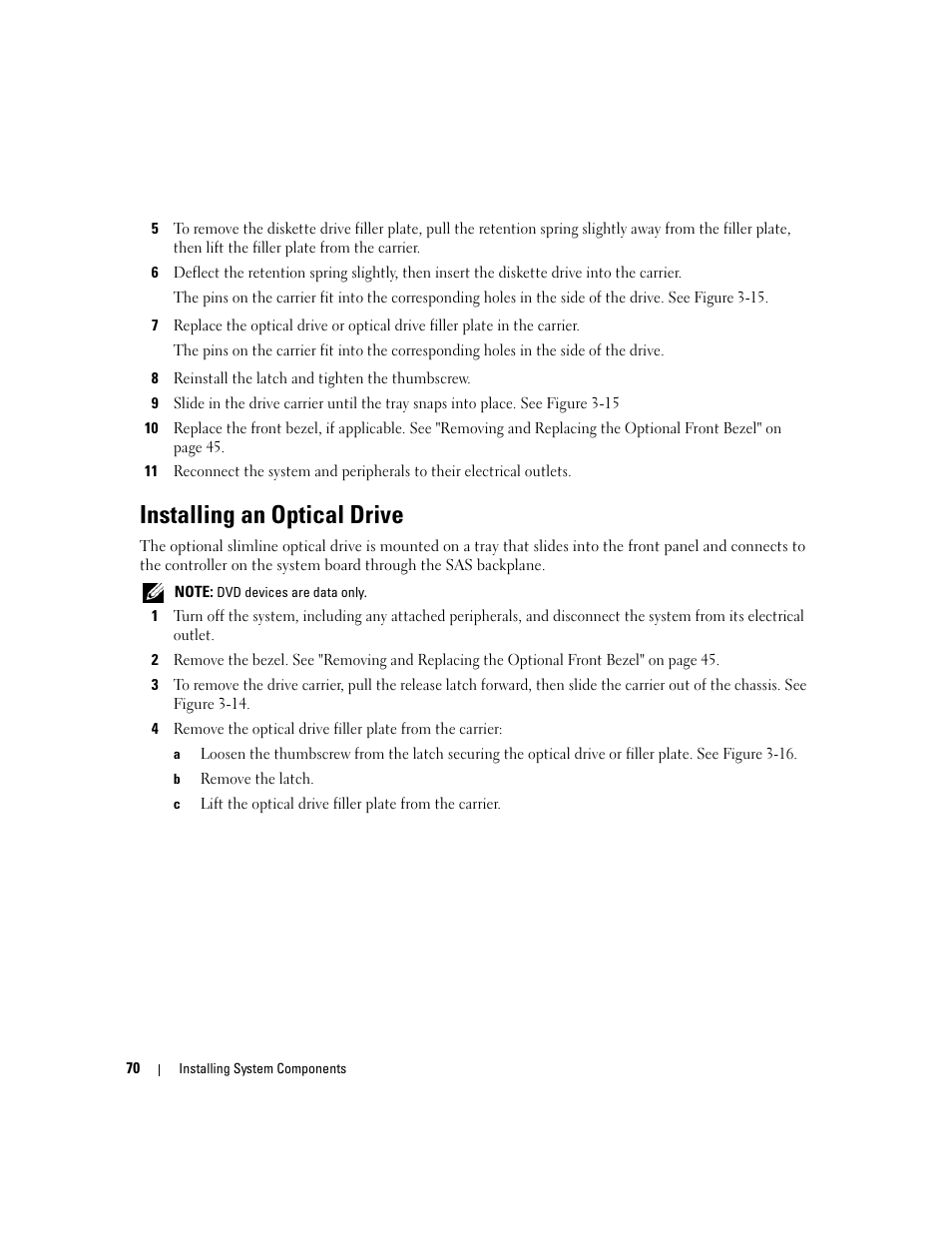 Installing an optical drive | Dell PowerEdge 6950 User Manual | Page 70 / 166