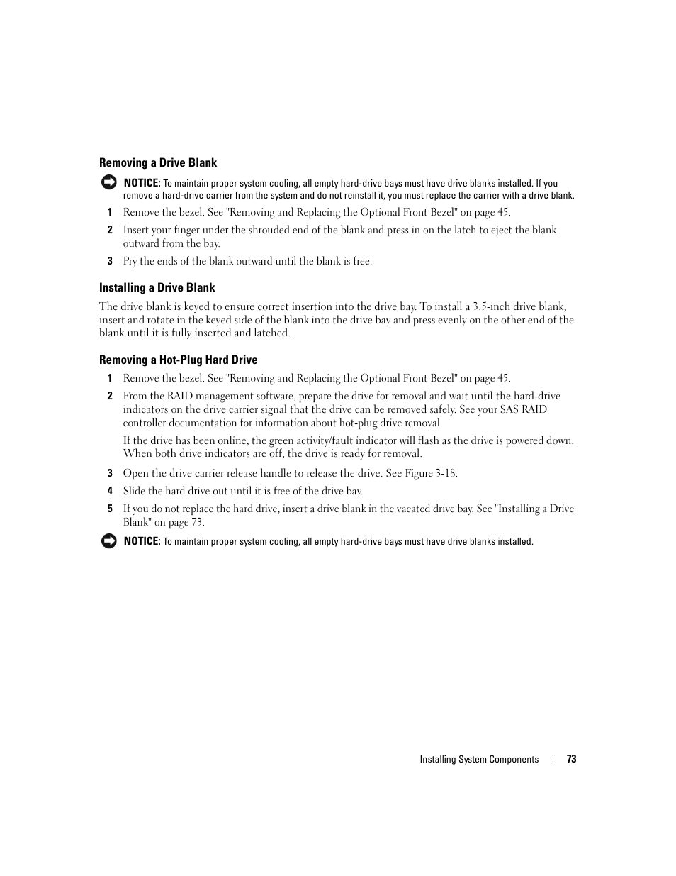 Removing a drive blank, Installing a drive blank, Removing a hot-plug hard drive | Dell PowerEdge 6950 User Manual | Page 73 / 166