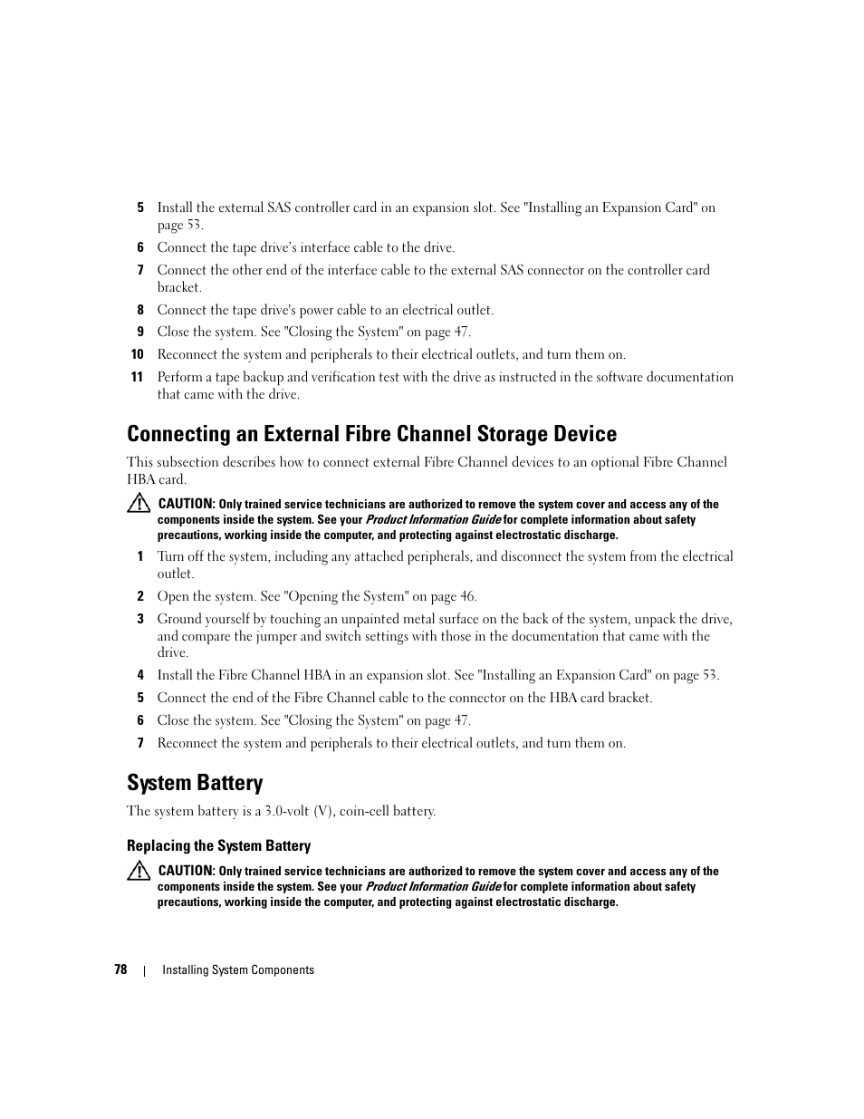 System battery, Replacing the system battery | Dell PowerEdge 6950 User Manual | Page 78 / 166