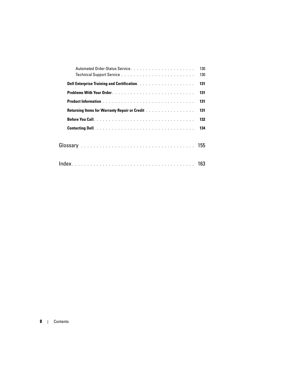 Glossary, 155 index | Dell PowerEdge 6950 User Manual | Page 8 / 166
