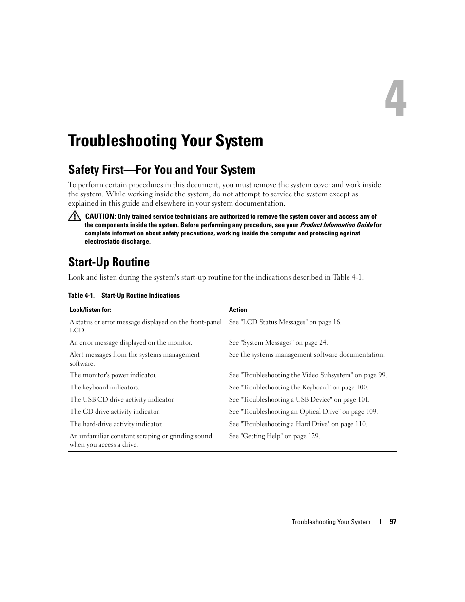Troubleshooting your system, Safety first-for you and your system, Start-up routine | Safety first—for you and your system | Dell PowerEdge 6950 User Manual | Page 97 / 166