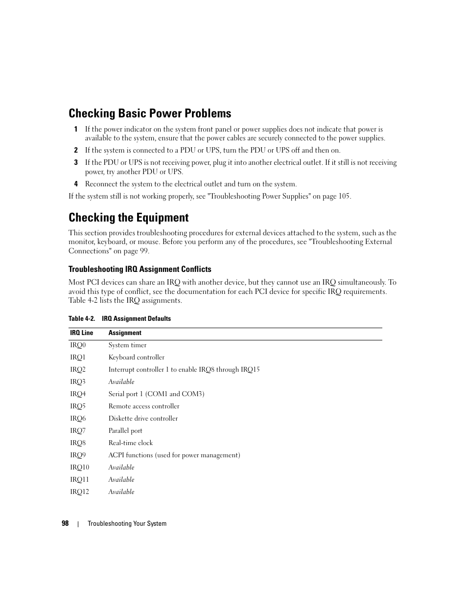 Checking basic power problems, Checking the equipment, Troubleshooting irq assignment conflicts | Dell PowerEdge 6950 User Manual | Page 98 / 166