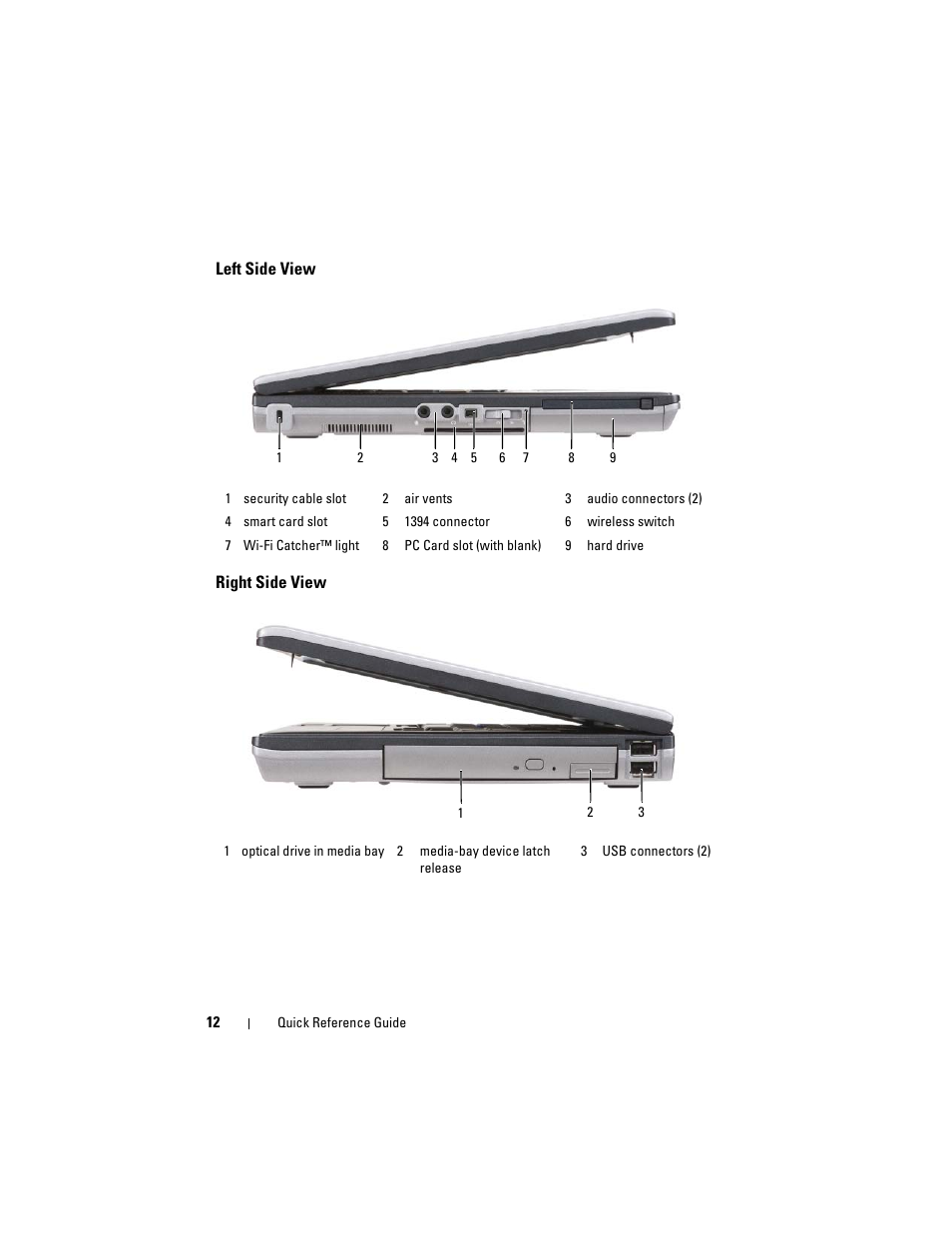 Left side view, Right side view | Dell Precision M2300 (Late 2007) User Manual | Page 12 / 244