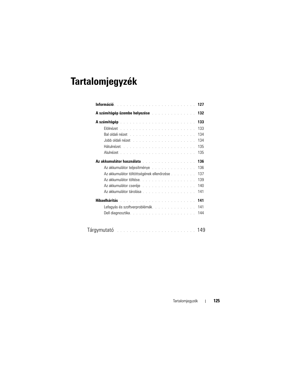 Tartalomjegyzék, Tárgymutató | Dell Precision M2300 (Late 2007) User Manual | Page 125 / 244