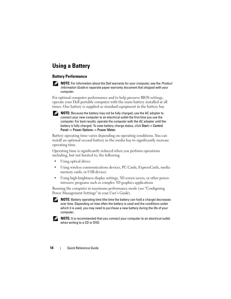 Using a battery, Battery performance | Dell Precision M2300 (Late 2007) User Manual | Page 14 / 244