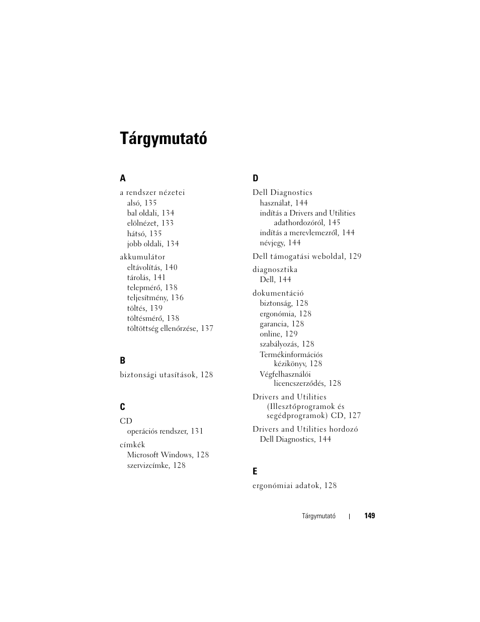 Tárgymutató | Dell Precision M2300 (Late 2007) User Manual | Page 149 / 244