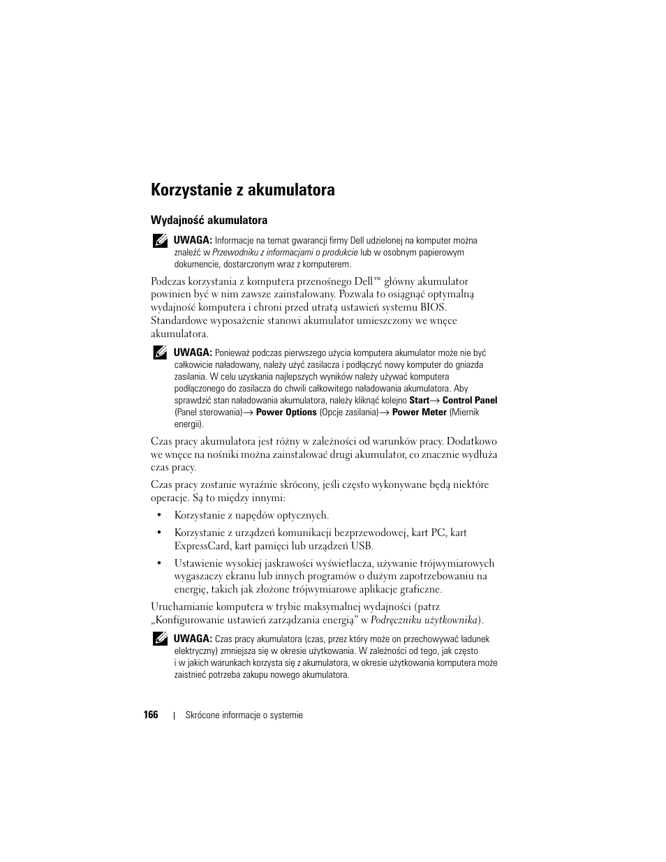 Korzystanie z akumulatora, Wydajność akumulatora | Dell Precision M2300 (Late 2007) User Manual | Page 166 / 244