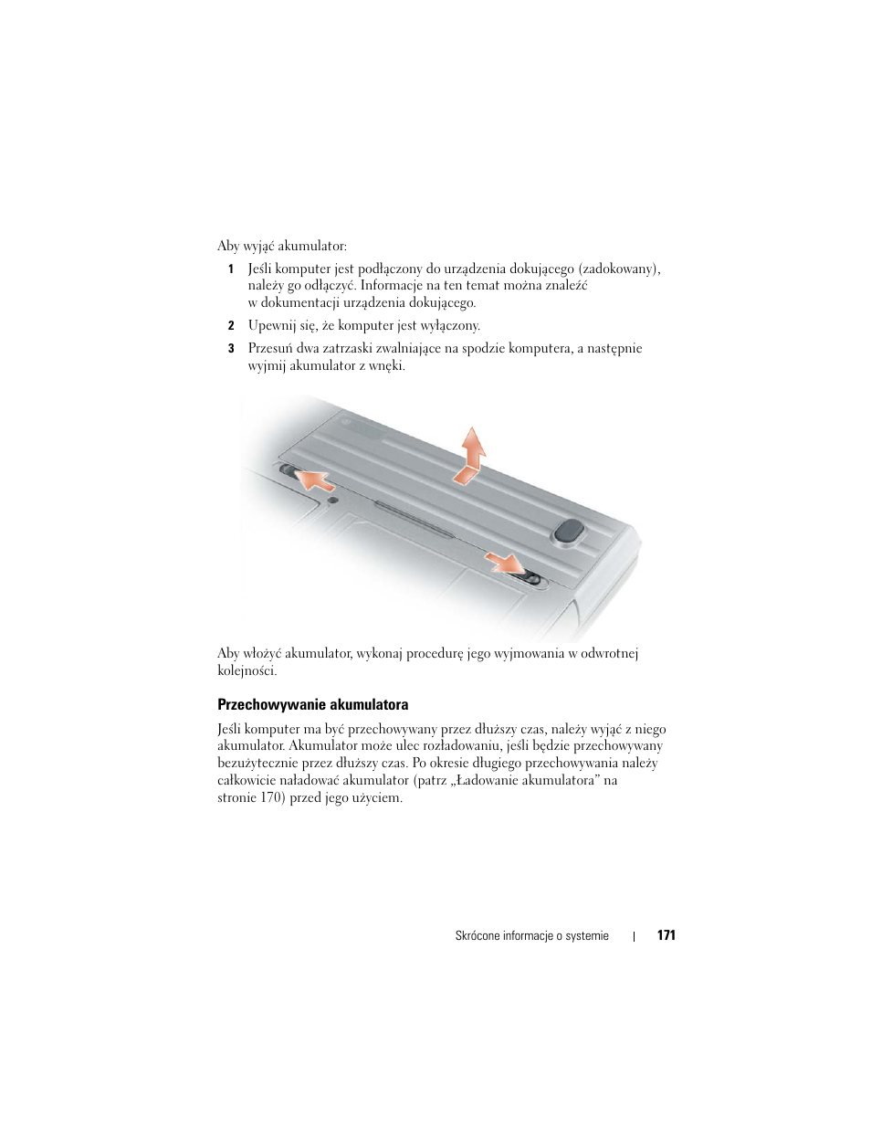 Przechowywanie akumulatora | Dell Precision M2300 (Late 2007) User Manual | Page 171 / 244