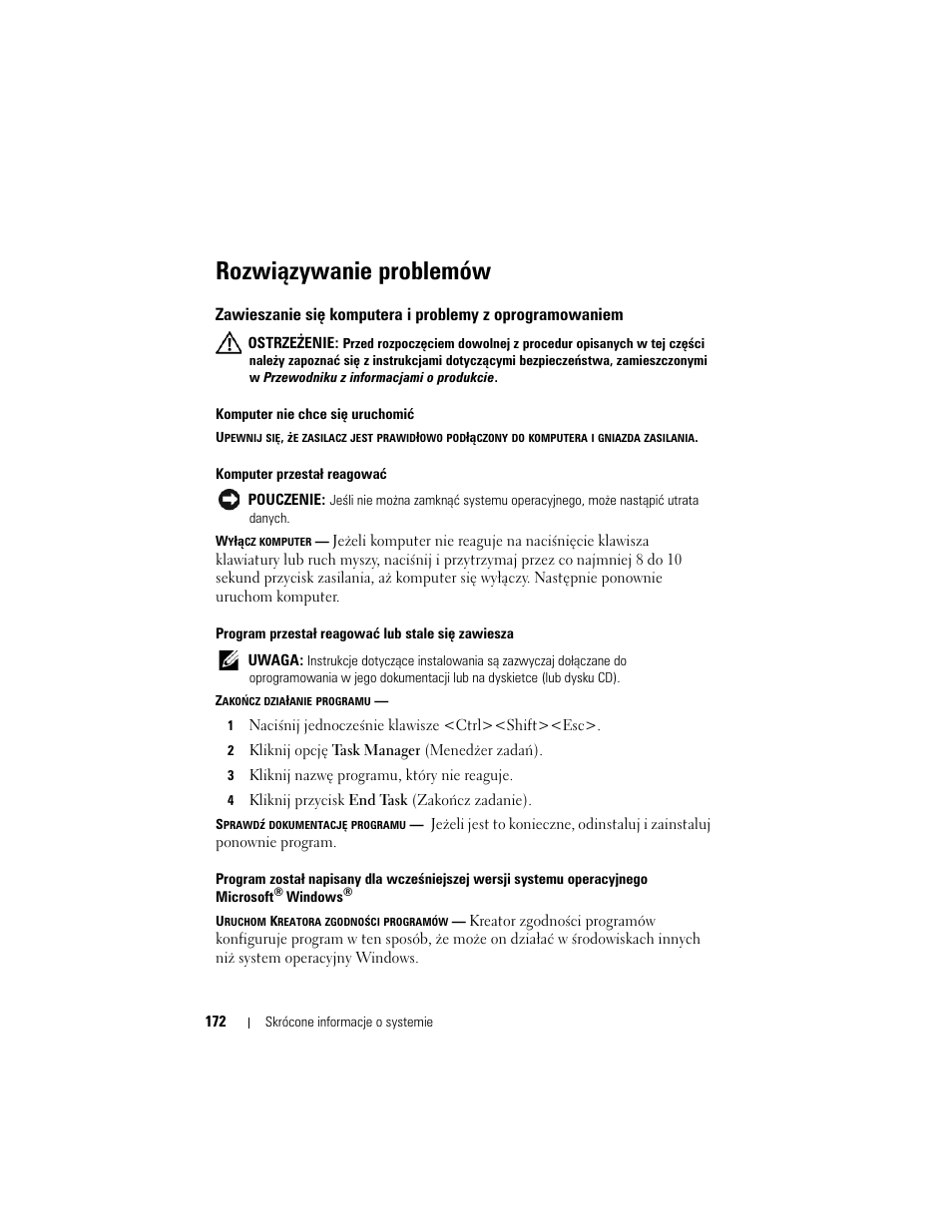 Rozwiązywanie problemów | Dell Precision M2300 (Late 2007) User Manual | Page 172 / 244