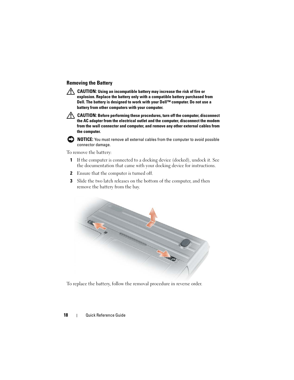 Removing the battery | Dell Precision M2300 (Late 2007) User Manual | Page 18 / 244