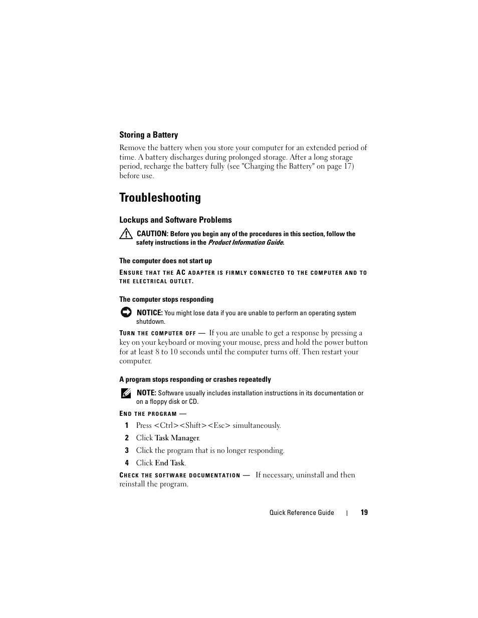 Storing a battery, Troubleshooting, Lockups and software problems | Dell Precision M2300 (Late 2007) User Manual | Page 19 / 244