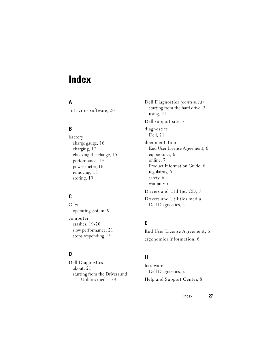 Index | Dell Precision M2300 (Late 2007) User Manual | Page 27 / 244