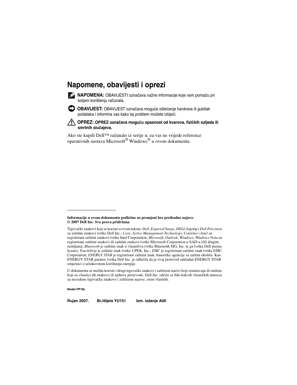 Napomene, obavijesti i oprezi | Dell Precision M2300 (Late 2007) User Manual | Page 32 / 244