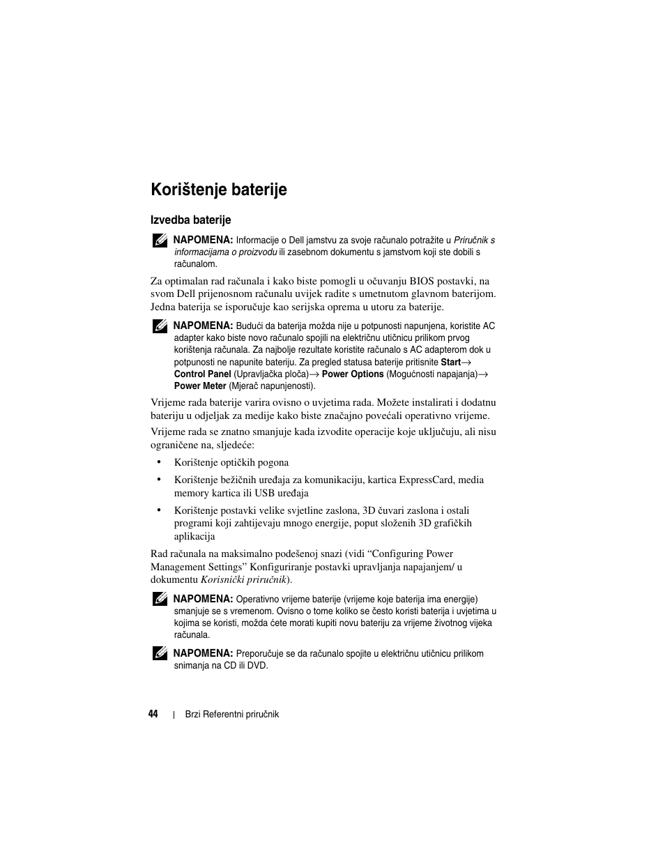 Korištenje baterije, Izvedba baterije | Dell Precision M2300 (Late 2007) User Manual | Page 44 / 244