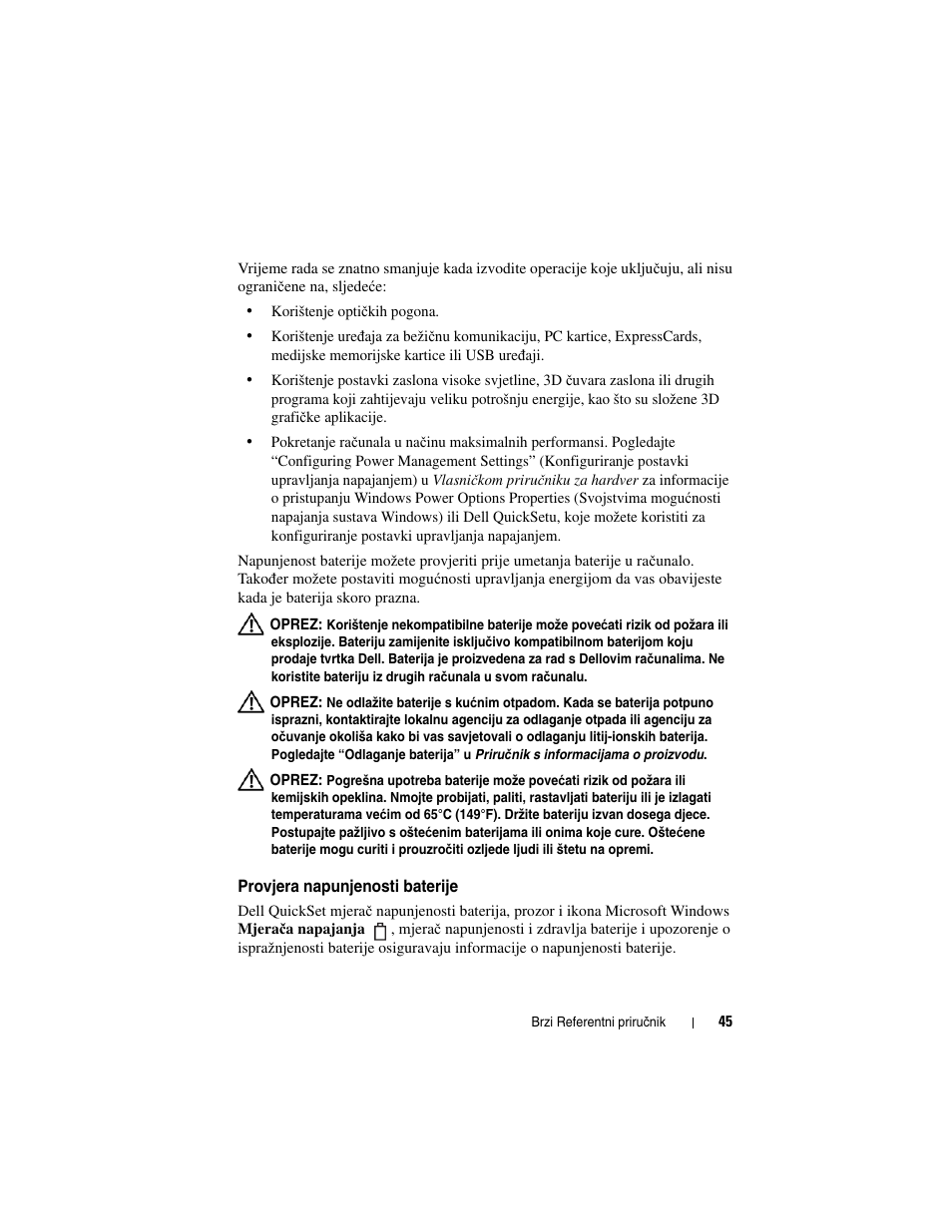 Provjera napunjenosti baterije | Dell Precision M2300 (Late 2007) User Manual | Page 45 / 244