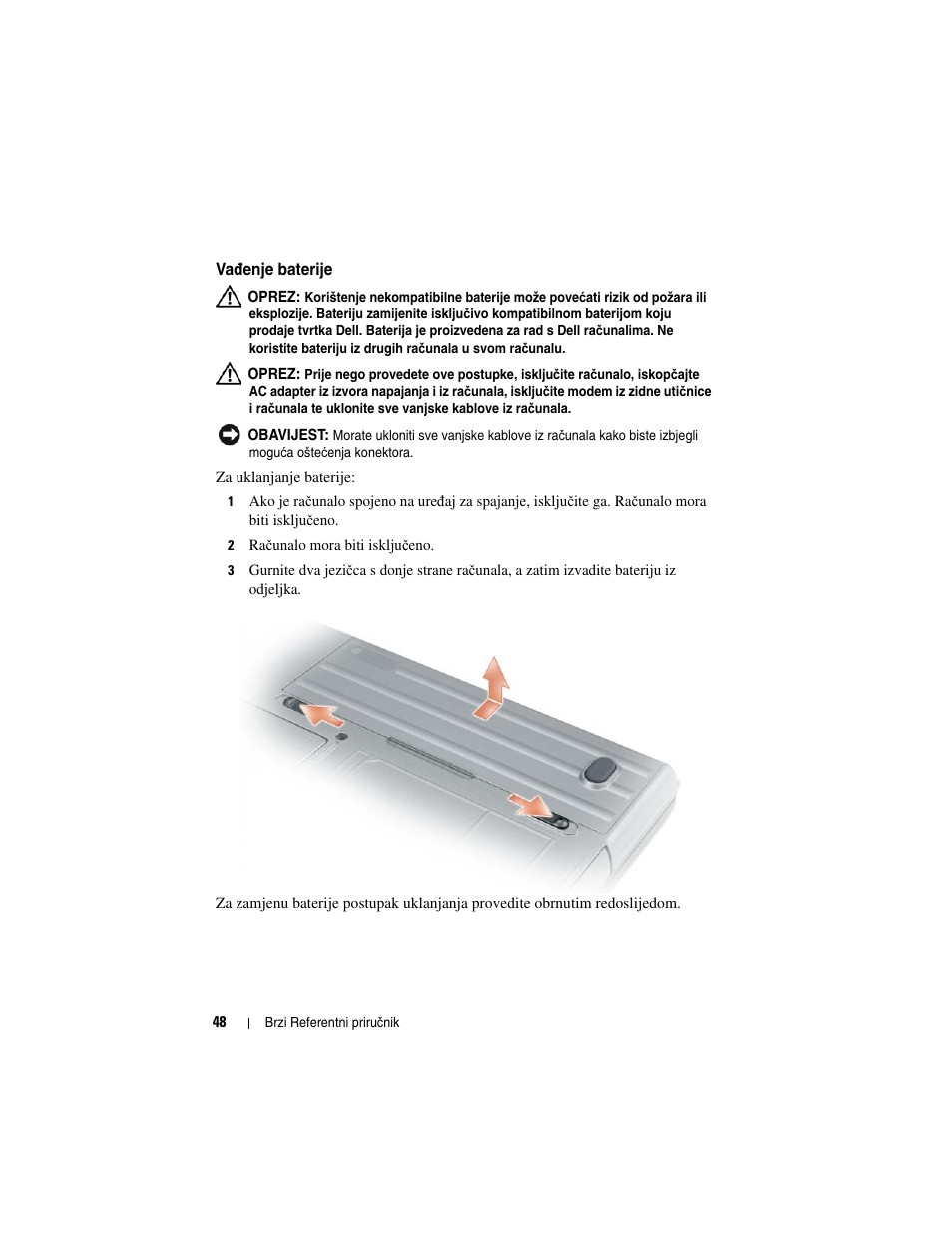 Vađenje baterije, Đenje baterije | Dell Precision M2300 (Late 2007) User Manual | Page 48 / 244