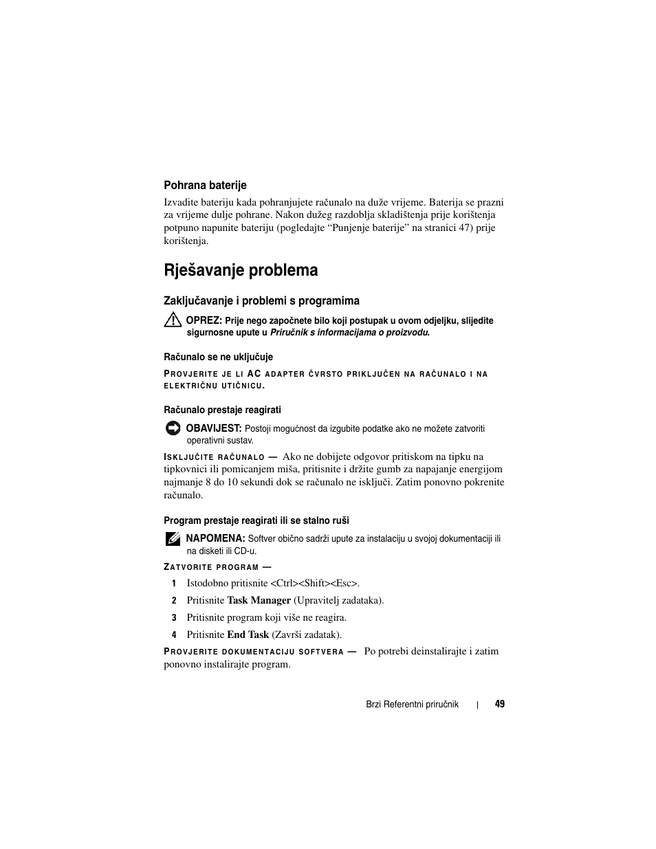 Pohrana baterije, Rješavanje problema, Zaključavanje i problemi s programima | Zaklju, Čavanje i problemi s programima | Dell Precision M2300 (Late 2007) User Manual | Page 49 / 244