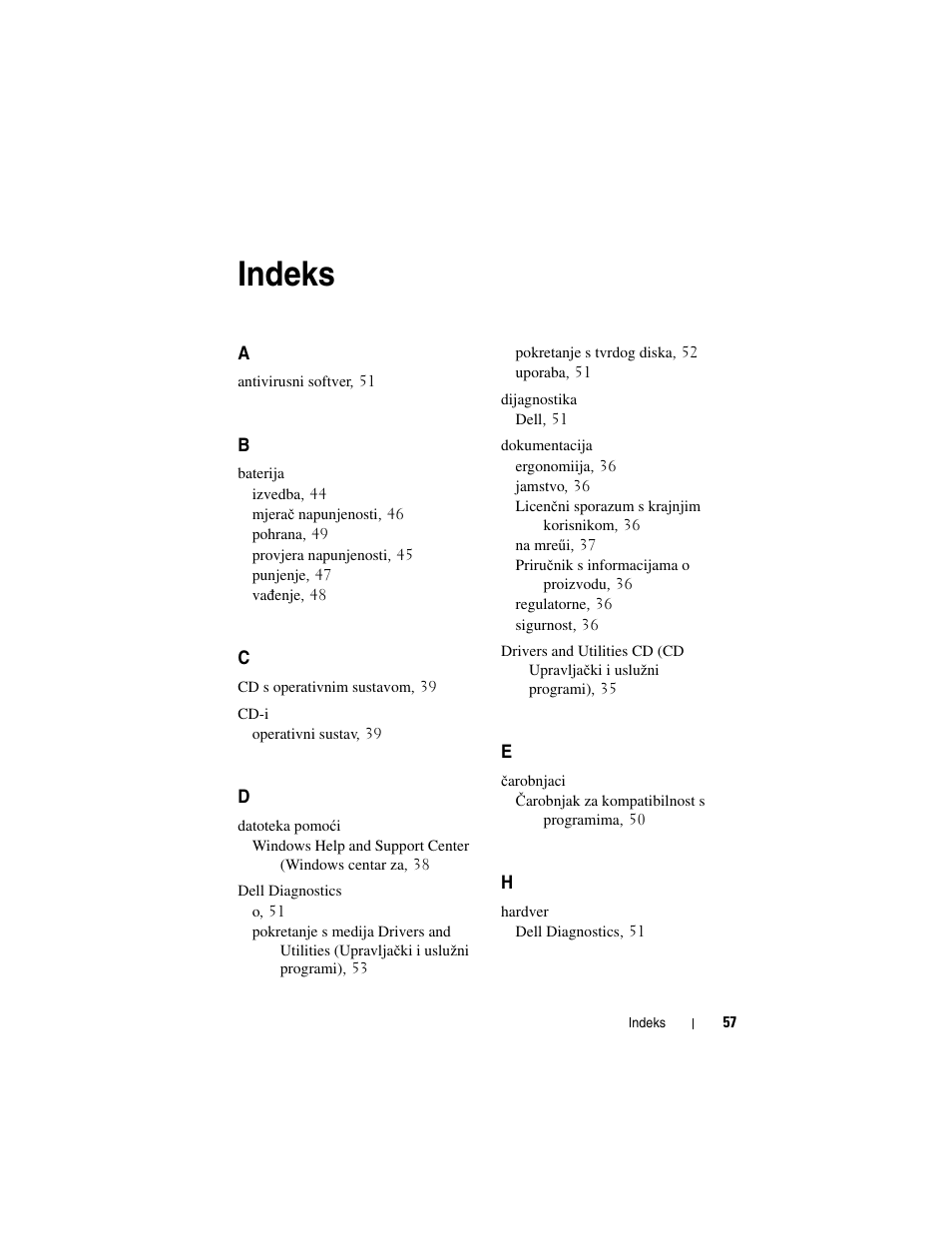 Indeks | Dell Precision M2300 (Late 2007) User Manual | Page 57 / 244