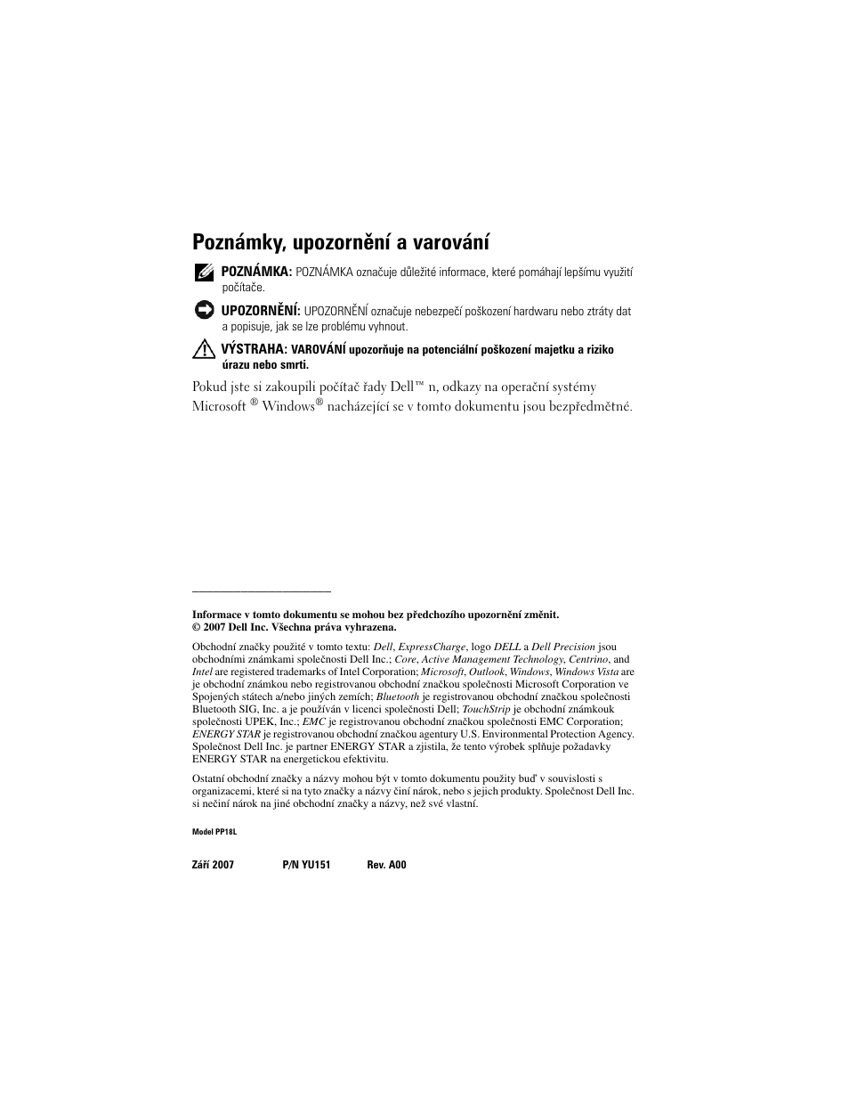 Poznámky, upozornění a varování | Dell Precision M2300 (Late 2007) User Manual | Page 62 / 244