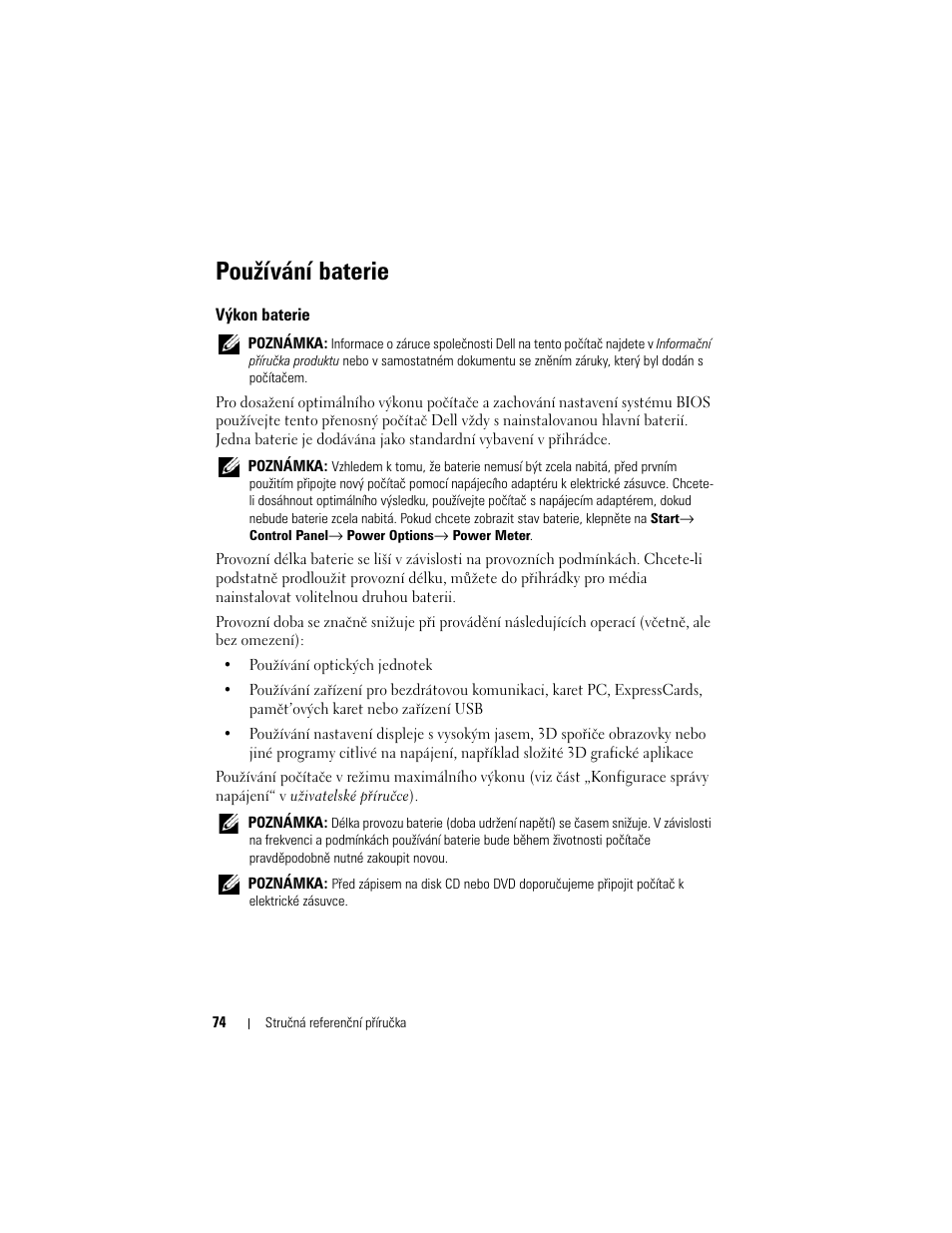 Používání baterie, Výkon baterie | Dell Precision M2300 (Late 2007) User Manual | Page 74 / 244