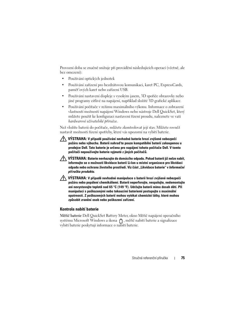 Kontrola nabití baterie | Dell Precision M2300 (Late 2007) User Manual | Page 75 / 244