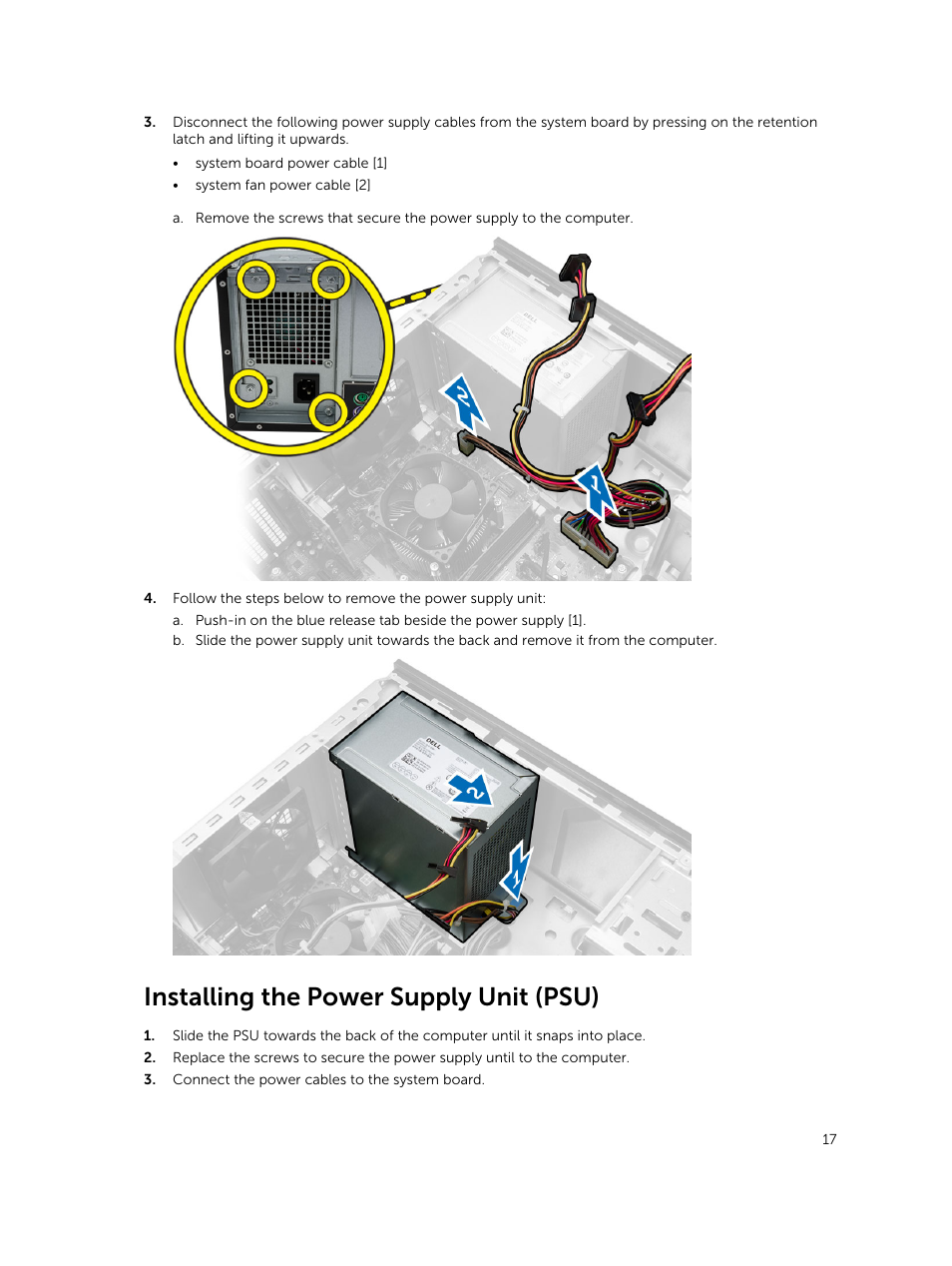 Installing the power supply unit (psu) | Dell Vostro 3902 Mini Tower (Late 2013) User Manual | Page 17 / 38