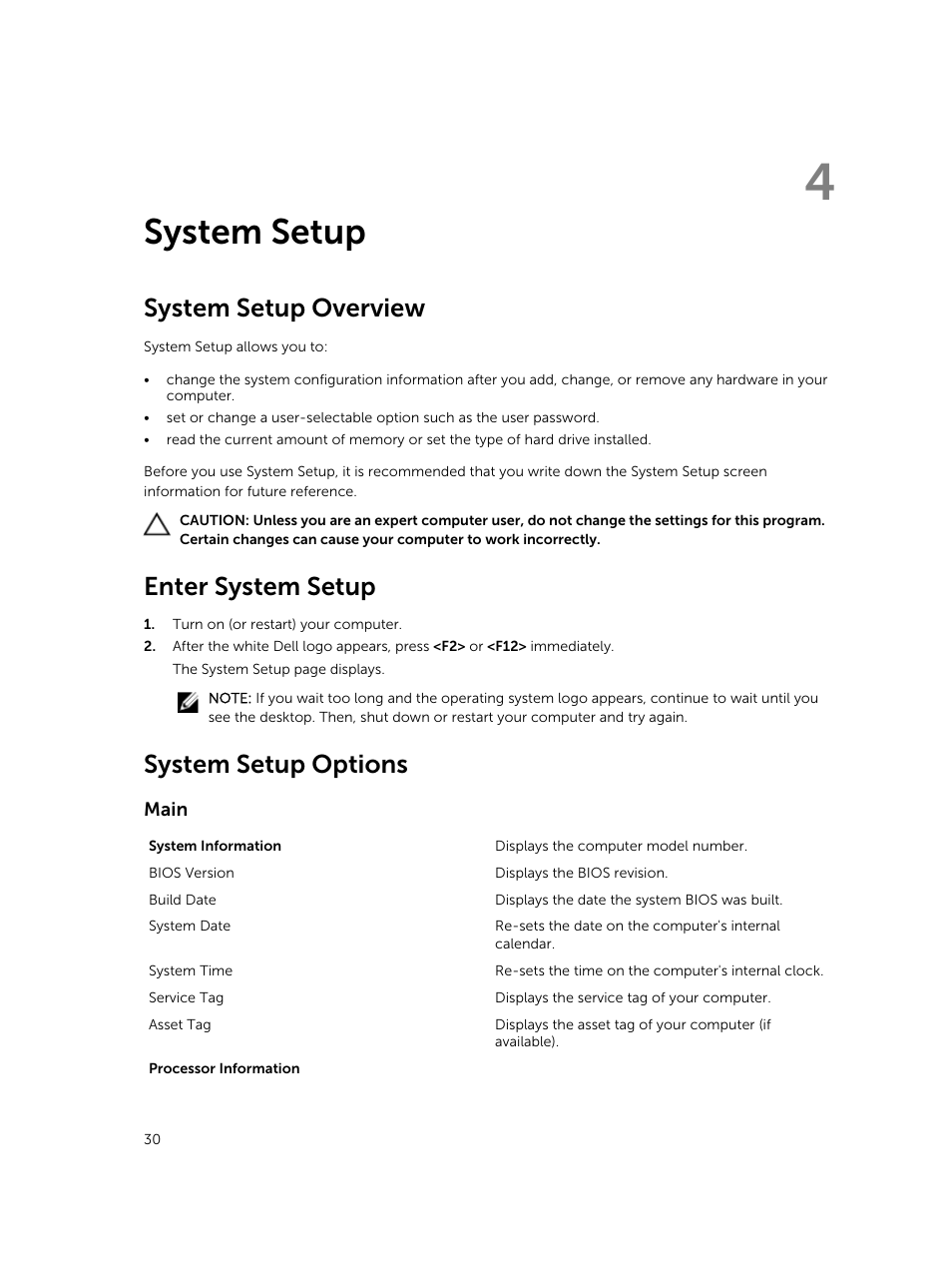System setup, System setup overview, Enter system setup | System setup options, Main, 4 system setup | Dell Vostro 3902 Mini Tower (Late 2013) User Manual | Page 30 / 38