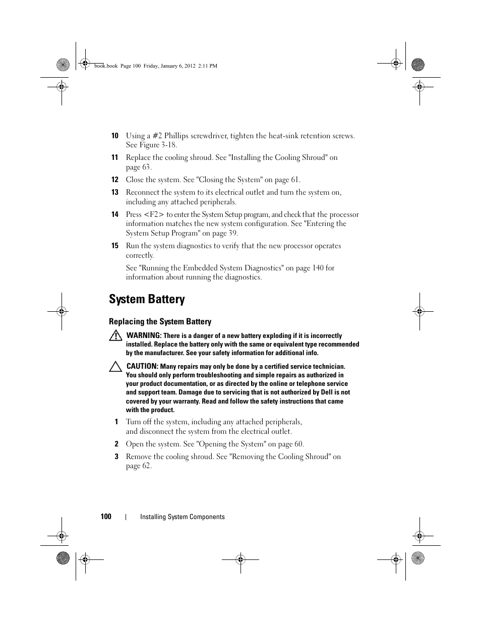 System battery, Replacing the system battery, See "system battery | Dell DR4000 User Manual | Page 100 / 156