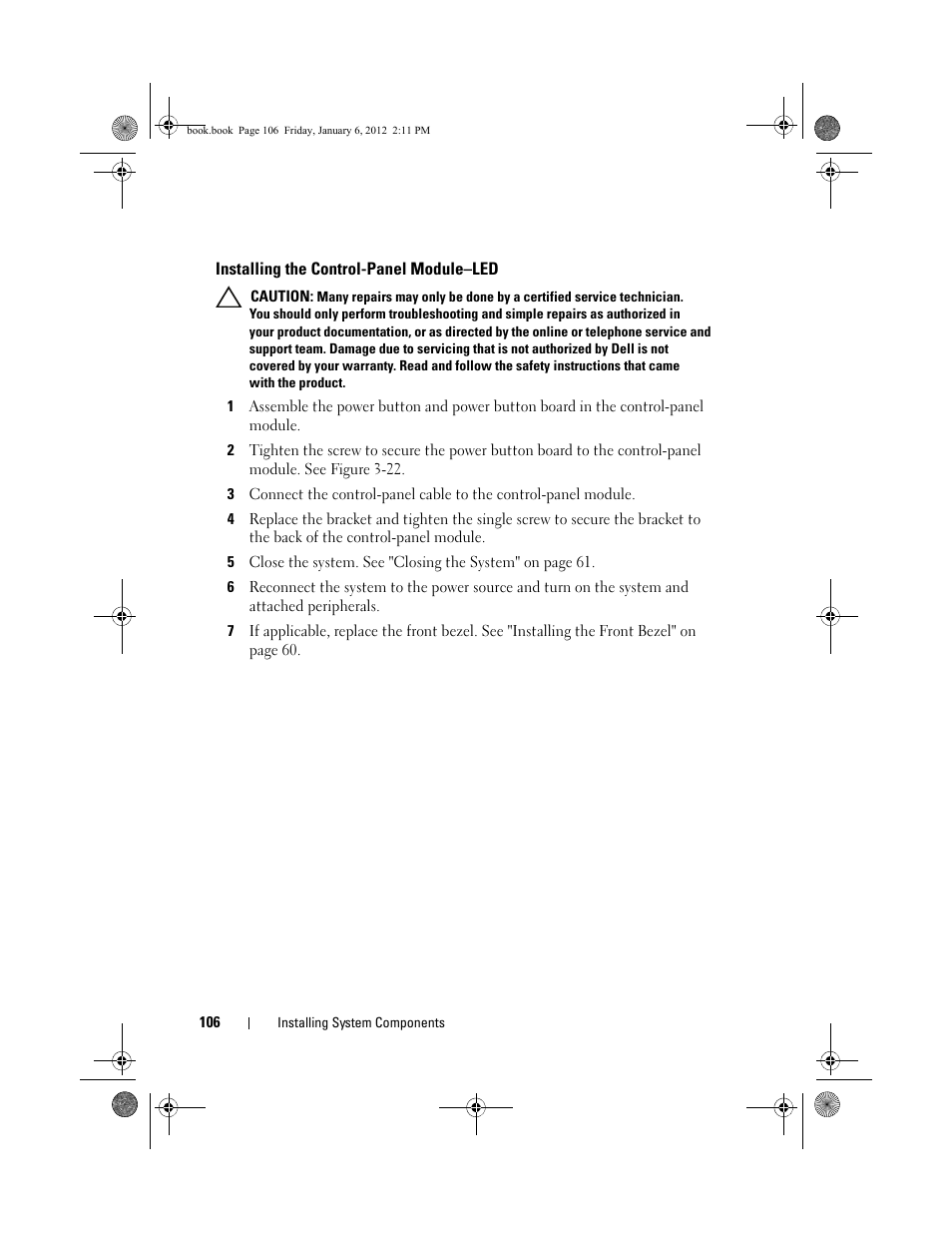 Installing the control-panel module-led, Installing the control-panel module–led | Dell DR4000 User Manual | Page 106 / 156