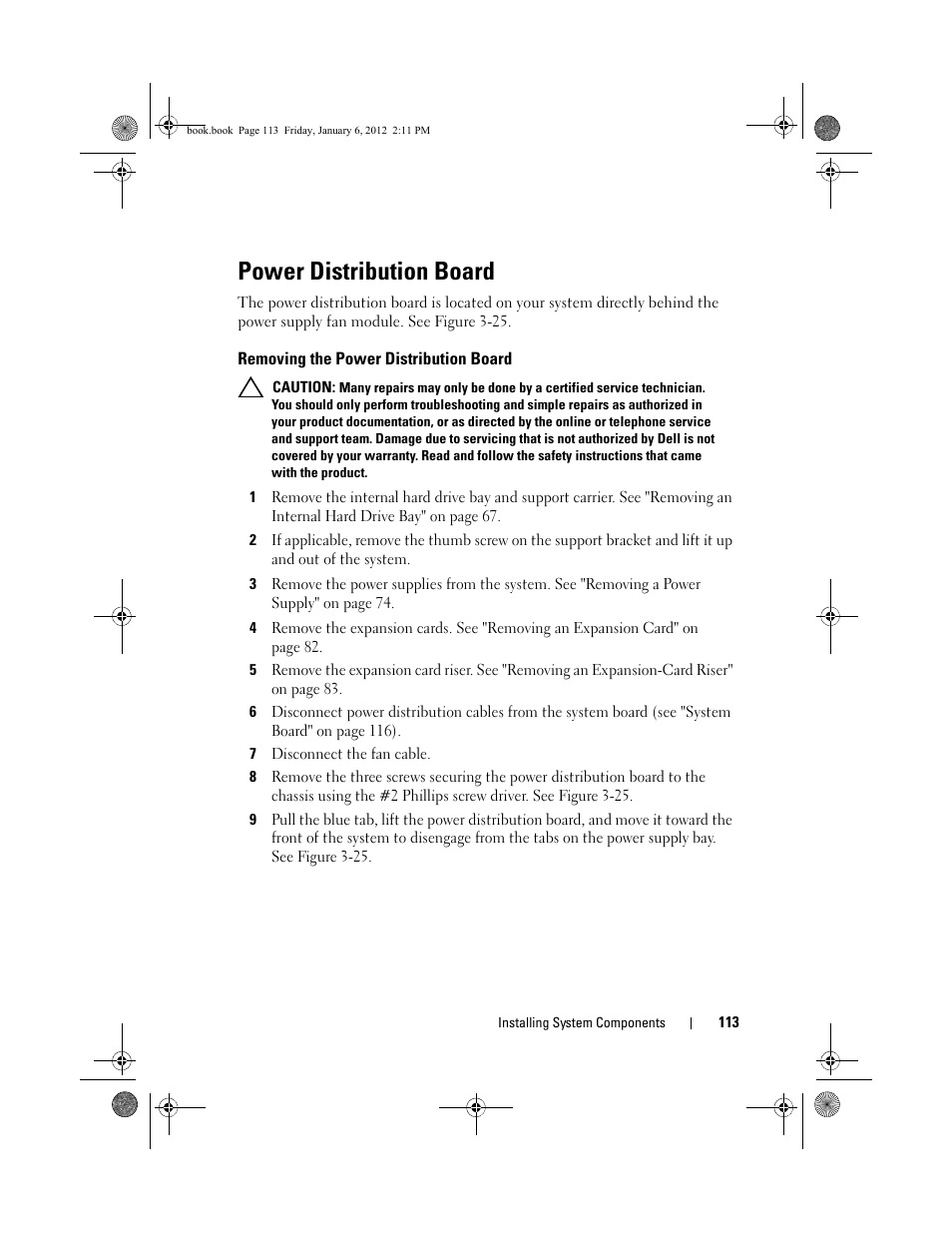 Power distribution board, Removing the power distribution board | Dell DR4000 User Manual | Page 113 / 156