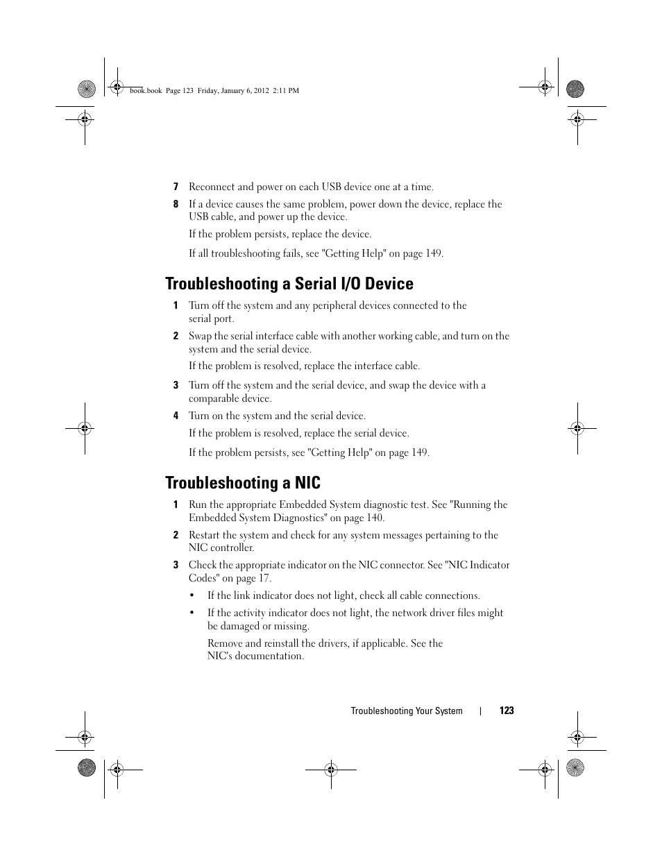 Troubleshooting a serial i/o device, Troubleshooting a nic, Troubleshooting a nic" on | Dell DR4000 User Manual | Page 123 / 156
