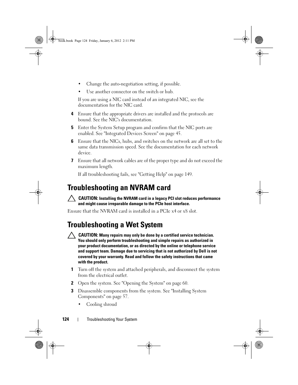 Troubleshooting an nvram card, Troubleshooting a wet system | Dell DR4000 User Manual | Page 124 / 156
