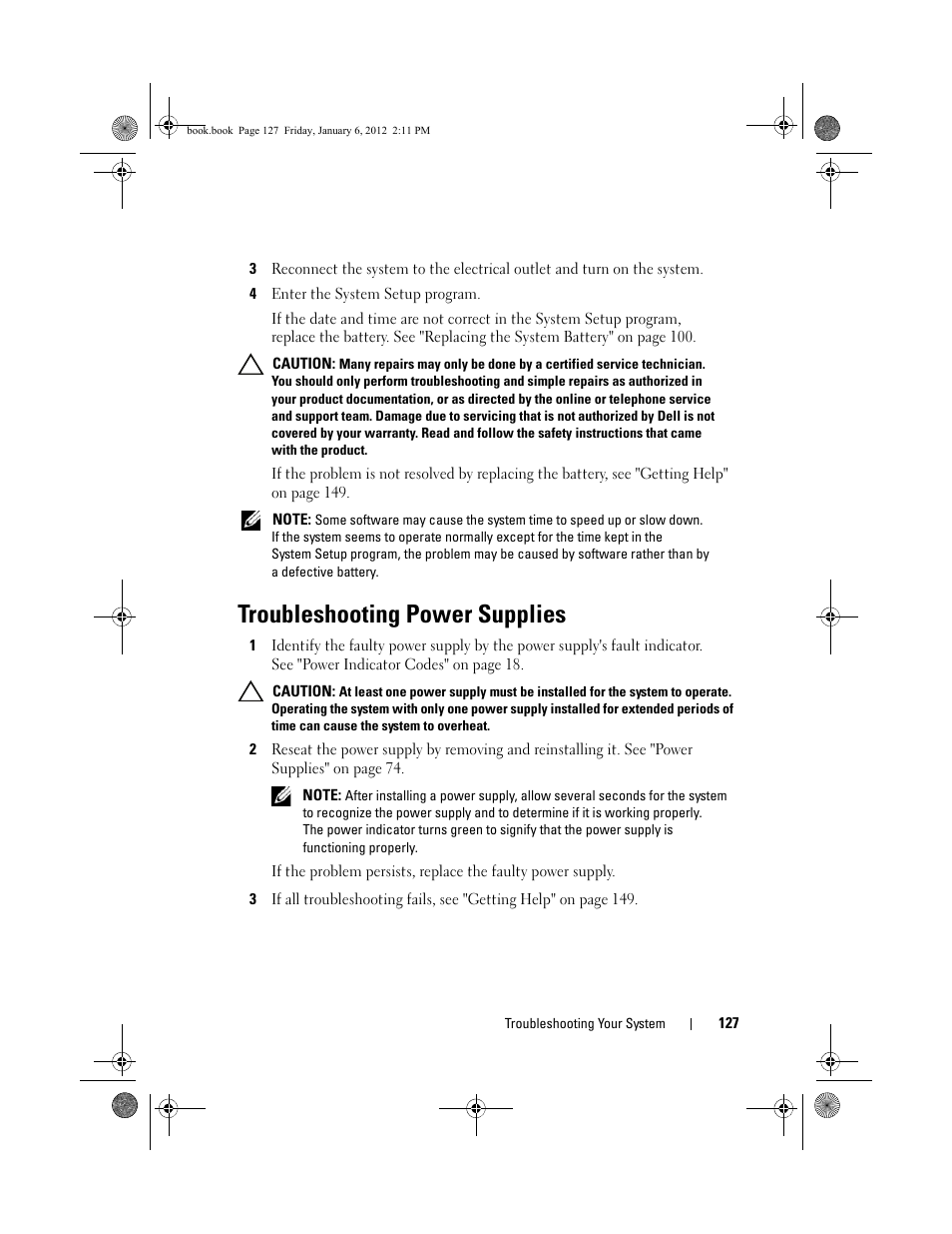 Troubleshooting power supplies, E "troubleshooting power | Dell DR4000 User Manual | Page 127 / 156