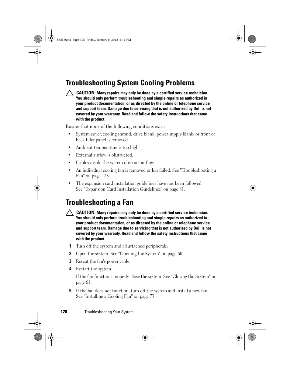 Troubleshooting system cooling problems, Troubleshooting a fan | Dell DR4000 User Manual | Page 128 / 156