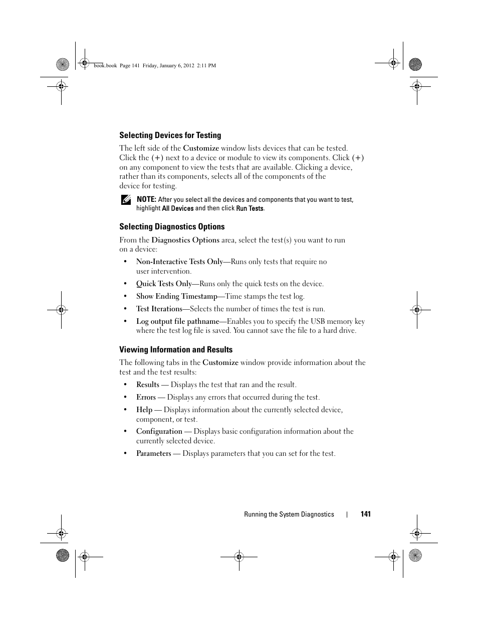 Selecting devices for testing, Selecting diagnostics options, Viewing information and results | Dell DR4000 User Manual | Page 141 / 156