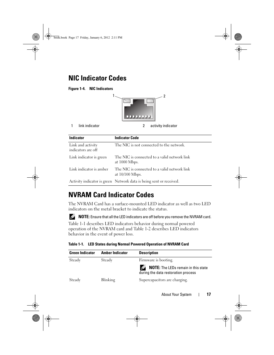Nic indicator codes, Nvram card indicator codes | Dell DR4000 User Manual | Page 17 / 156