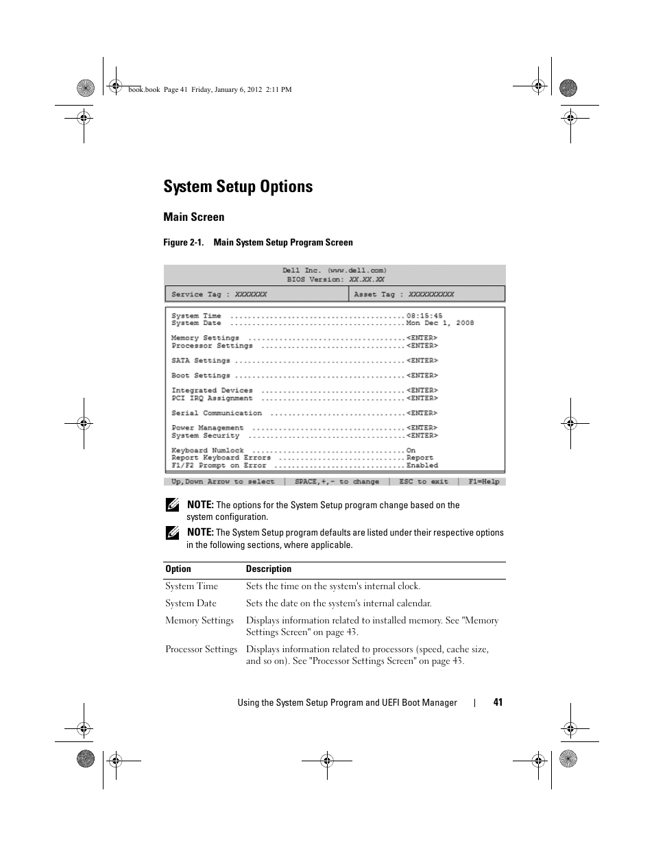 System setup options, Main screen | Dell DR4000 User Manual | Page 41 / 156