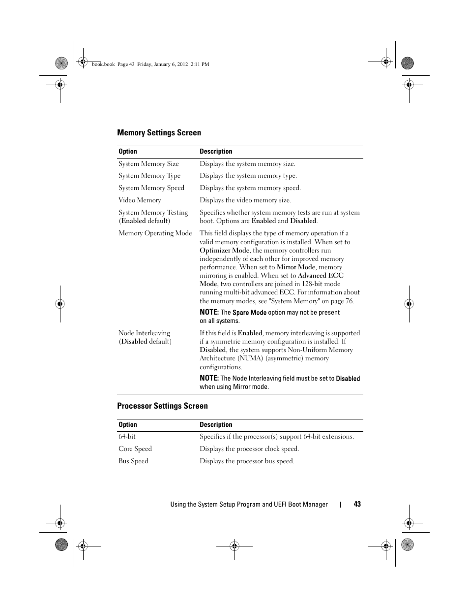 Memory settings screen, Processor settings screen | Dell DR4000 User Manual | Page 43 / 156